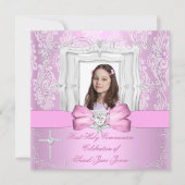 Invitation Fille première sainte communion jolie photo rose (Devant)