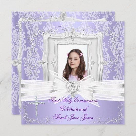 Invitation Fille première sainte communion jolie violette pho (Devant / Derrière)