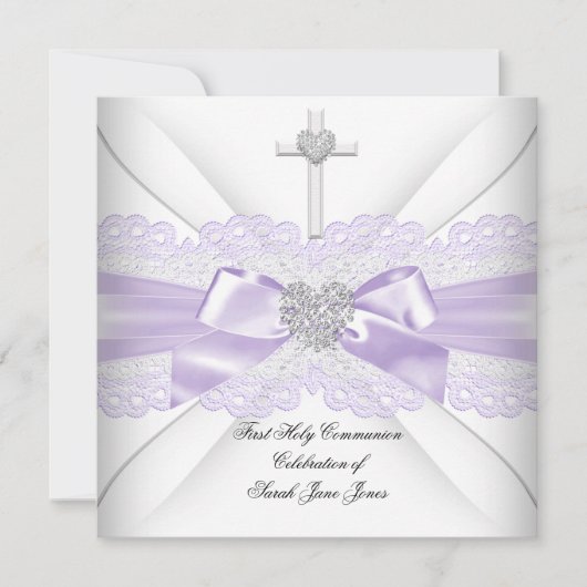 Invitation Fille première sainte communion Lilac dentelle Coe (Devant)
