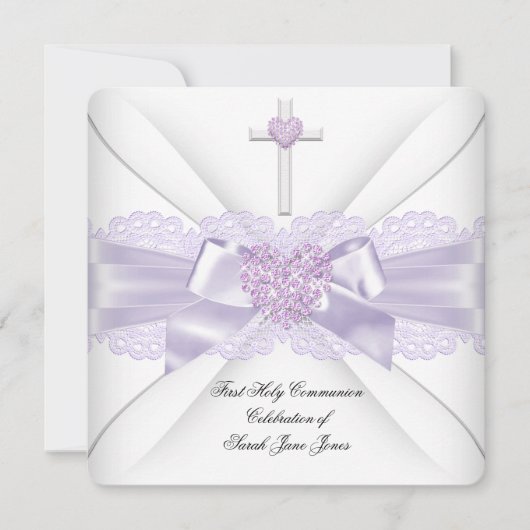 Invitation Fille première sainte communion Lilac Lace Coeur 2 (Devant)