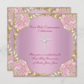 Invitation Fille première sainte communion Or rose argent cro (Devant / Derrière)