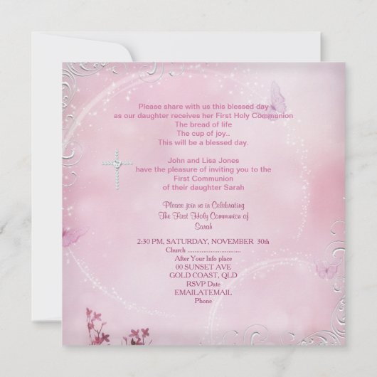 Invitation Fille première sainte communion Papillon rose blan (Dos)