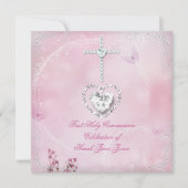 Invitation Fille première sainte communion Papillon rose blan (Devant)