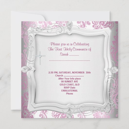 Invitation Fille première sainte communion photo rose blanche (Dos)