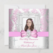 Invitation Fille première sainte communion photo rose blanche (Devant)