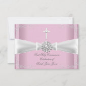 Invitation Fille première sainte communion rose argent blanc (Devant)