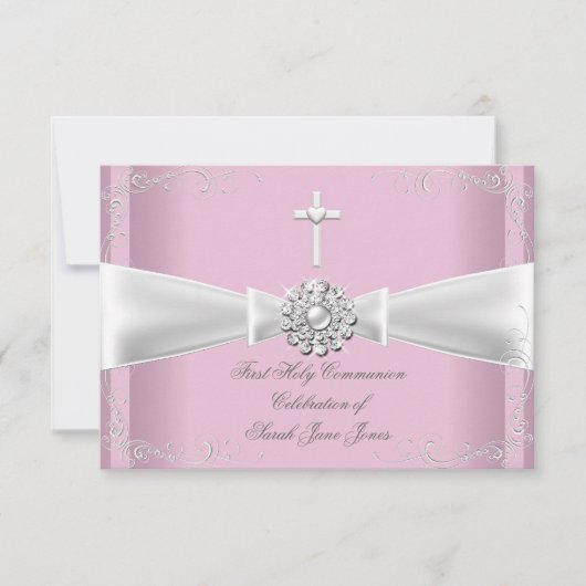 Invitation Fille première sainte communion rose argent blanc (Devant)