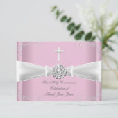 Invitation Fille première sainte communion rose argent blanc (Debout devant)