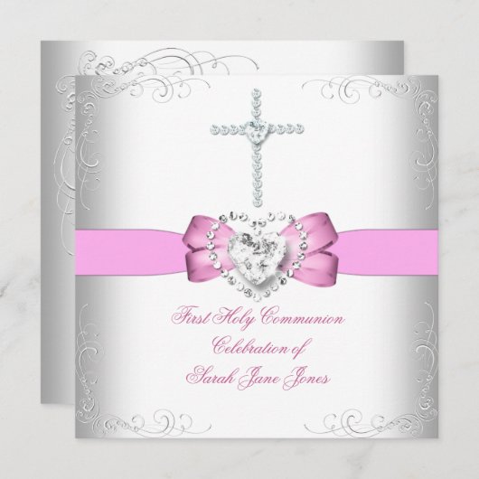 Invitation Fille première sainte communion rose blanc (Devant / Derrière)