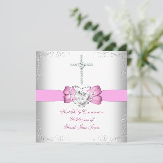Invitation Fille première sainte communion rose blanc (Debout devant)