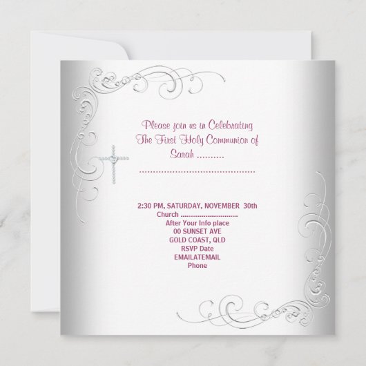 Invitation Fille première sainte communion rose blanc (Dos)