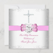 Invitation Fille première sainte communion rose blanc (Devant)