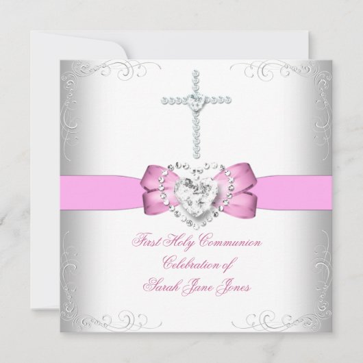 Invitation Fille première sainte communion rose blanc (Devant)
