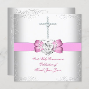 Invitation Fille première sainte communion rose blanc