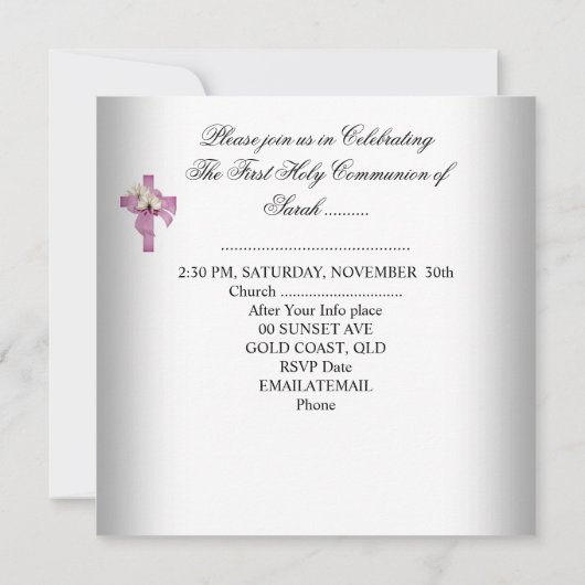 Invitation Fille première sainte communion rose blanc (Dos)