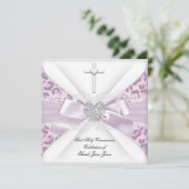 Invitation Fille première sainte communion rose blanc gris lé (Debout devant)