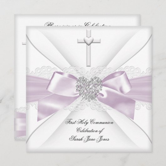 Invitation Fille première sainte communion rose Coeur blanc 2 (Devant / Derrière)