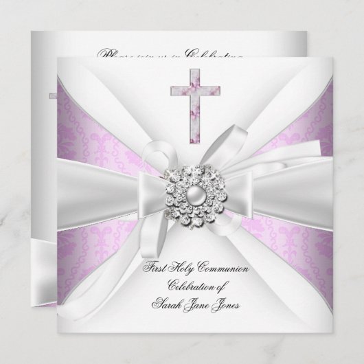 Invitation Fille Première Sainte Communion Rose Damas Blanc A (Devant / Derrière)