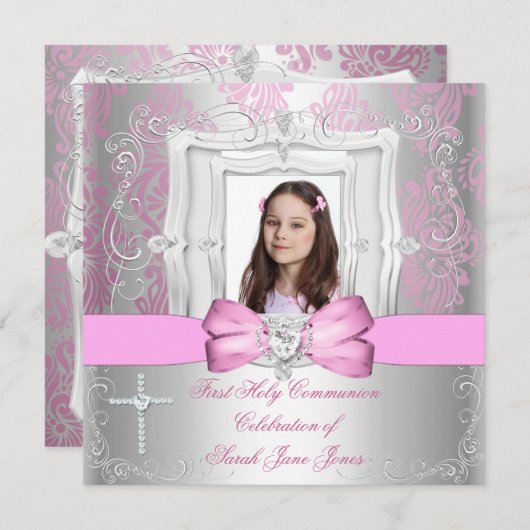 Invitation Fille Première Sainte Communion Silver Pink Photo (Devant / Derrière)