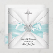 Invitation Fille première sainte communion Turquoise blanc co (Devant / Derrière)
