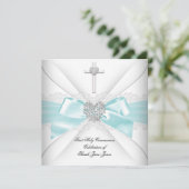 Invitation Fille première sainte communion Turquoise blanc co (Debout devant)