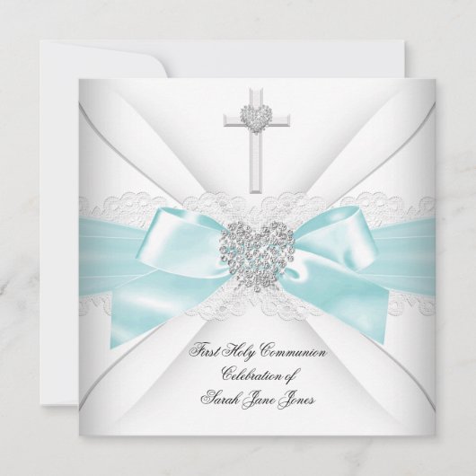 Invitation Fille première sainte communion Turquoise blanc co (Devant)
