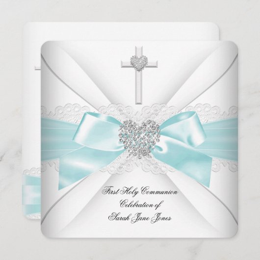 Invitation Fille première sainte communion Turquoise blanc co (Devant / Derrière)