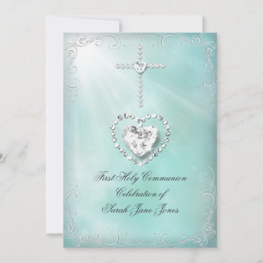 Invitation Fille Première Sainte Communion Turquoise Bleu Cél (Devant)