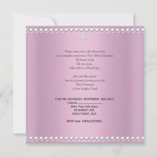 Invitation Fille première sainte communion Voile rose Perle r (Dos)