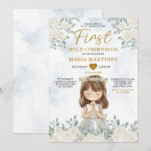 Invitation Fille priant Floral blanc Première sainte communio (Devant / Derrière)