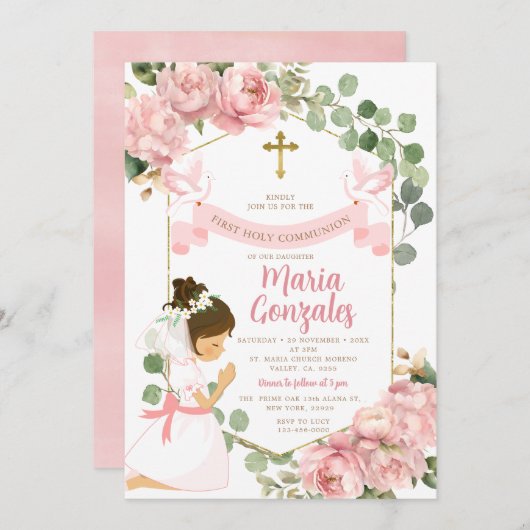 Invitation Fille priant la première sainte communion rose flo (Devant / Derrière)