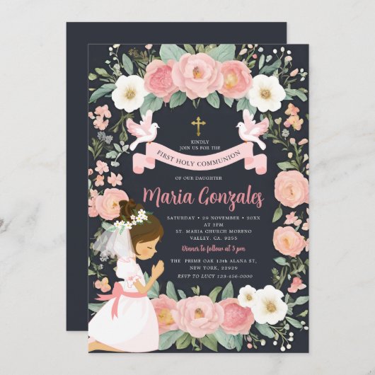 Invitation Fille priant la première sainte communion rose flo (Devant / Derrière)