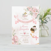 Invitation Fille priant la première sainte communion rose flo (Debout devant)