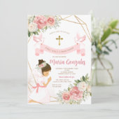 Invitation Fille priant l'or première sainte communion rose f (Debout devant)