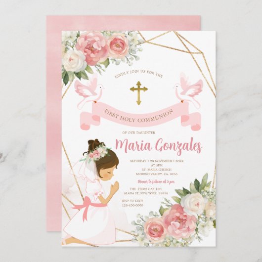 Invitation Fille priant l'or première sainte communion rose f (Devant / Derrière)