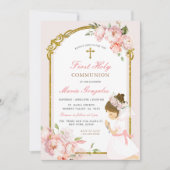 Invitation Fille priant l'or première sainte communion rose f (Devant)