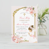 Invitation Fille priant l'or première sainte communion rose f (Debout devant)