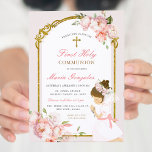 Invitation Fille priant l'or première sainte communion rose f<br><div class="desc">Fille Priant d'or Première Sainte Communion Rose Floral Primera Comunión.</div>