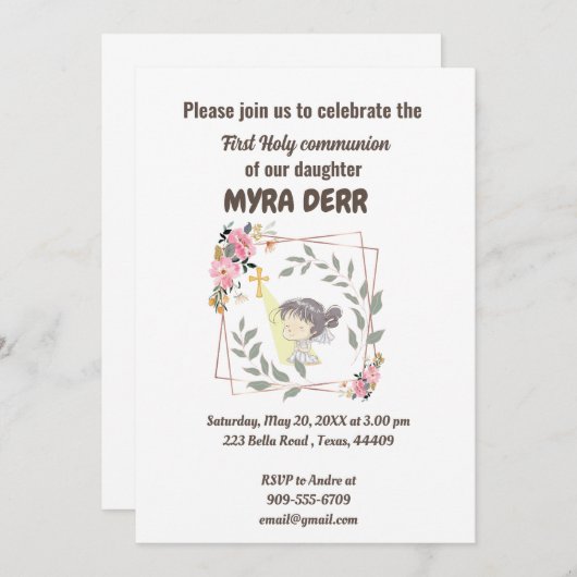 Invitation Fille priant pour jésus traverser la première comm (Devant / Derrière)