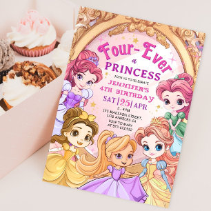 Invitation Fille Princesse 4ème Anniversaire Rose Or Royal