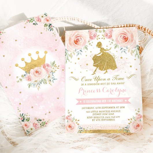 Invitation Fille princesse Blush Or rose Floral Anniversaire