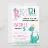 Invitation Fille princesse Dinosaur rose et Turquoise fête d' (Devant)