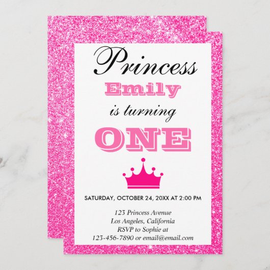 Invitation Fille princesse Hot rose Parties scintillant premi (Devant / Derrière)