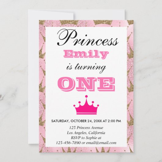 Invitation Fille princesse rose et or Parties scintillant pre (Devant)