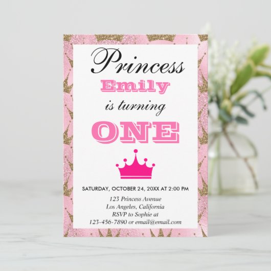 Invitation Fille princesse rose et or Parties scintillant pre (Debout devant)
