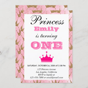 Invitation Fille princesse rose et or Parties scintillant pre