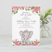 Invitation Fille Princesse Tiara Elephant Rose Floral Sip Voi (Debout devant)
