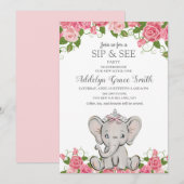 Invitation Fille Princesse Tiara Elephant Rose Floral Sip Voi (Devant / Derrière)