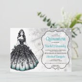Invitation Fille Quinceañera noire et sarcelle (Debout devant)