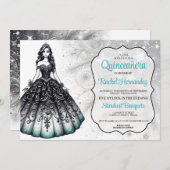 Invitation Fille Quinceañera noire et sarcelle (Devant / Derrière)